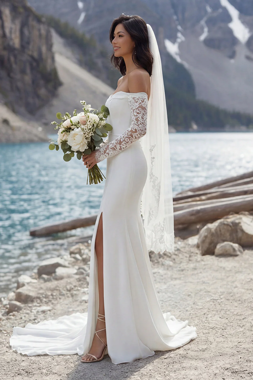 Robe de mariée en traîne à balayage d’épaule en mer ivoire avec fente - Image 3