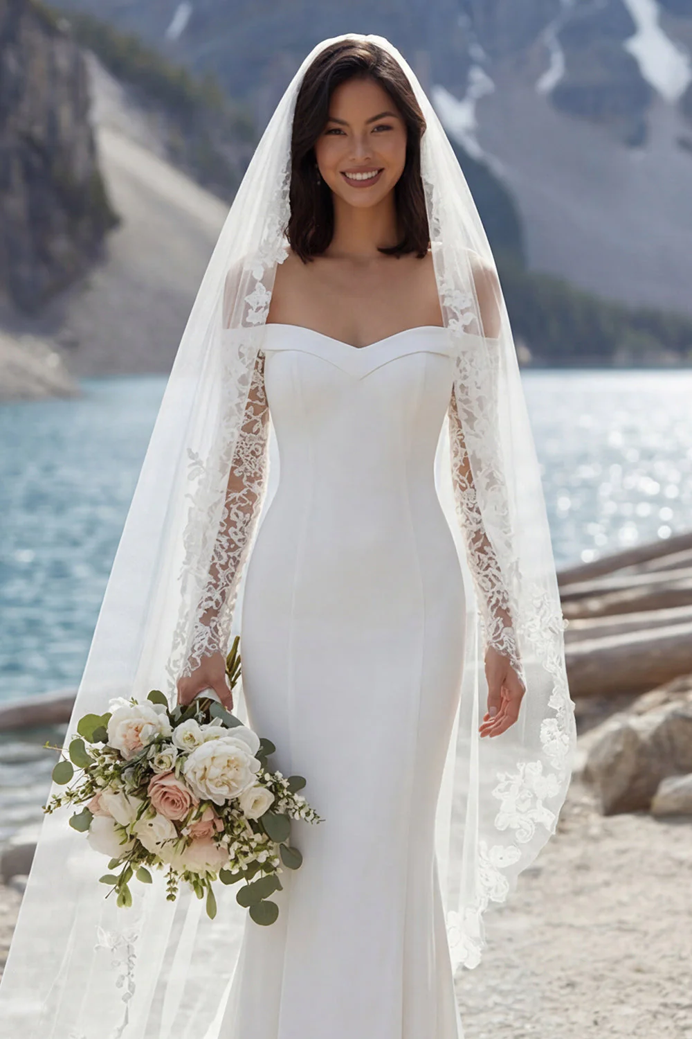 Robe de mariée en traîne à balayage d’épaule en mer ivoire avec fente - Image 4