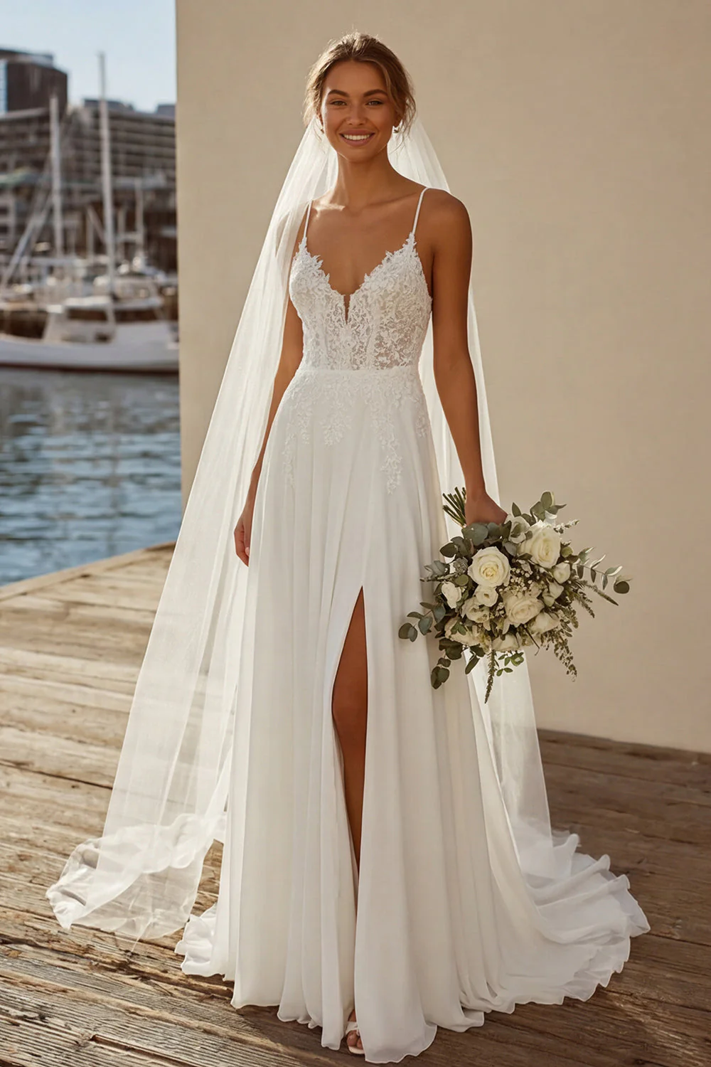 Robe de mariée en traîne en dinelle en mousseline Ivory A Line