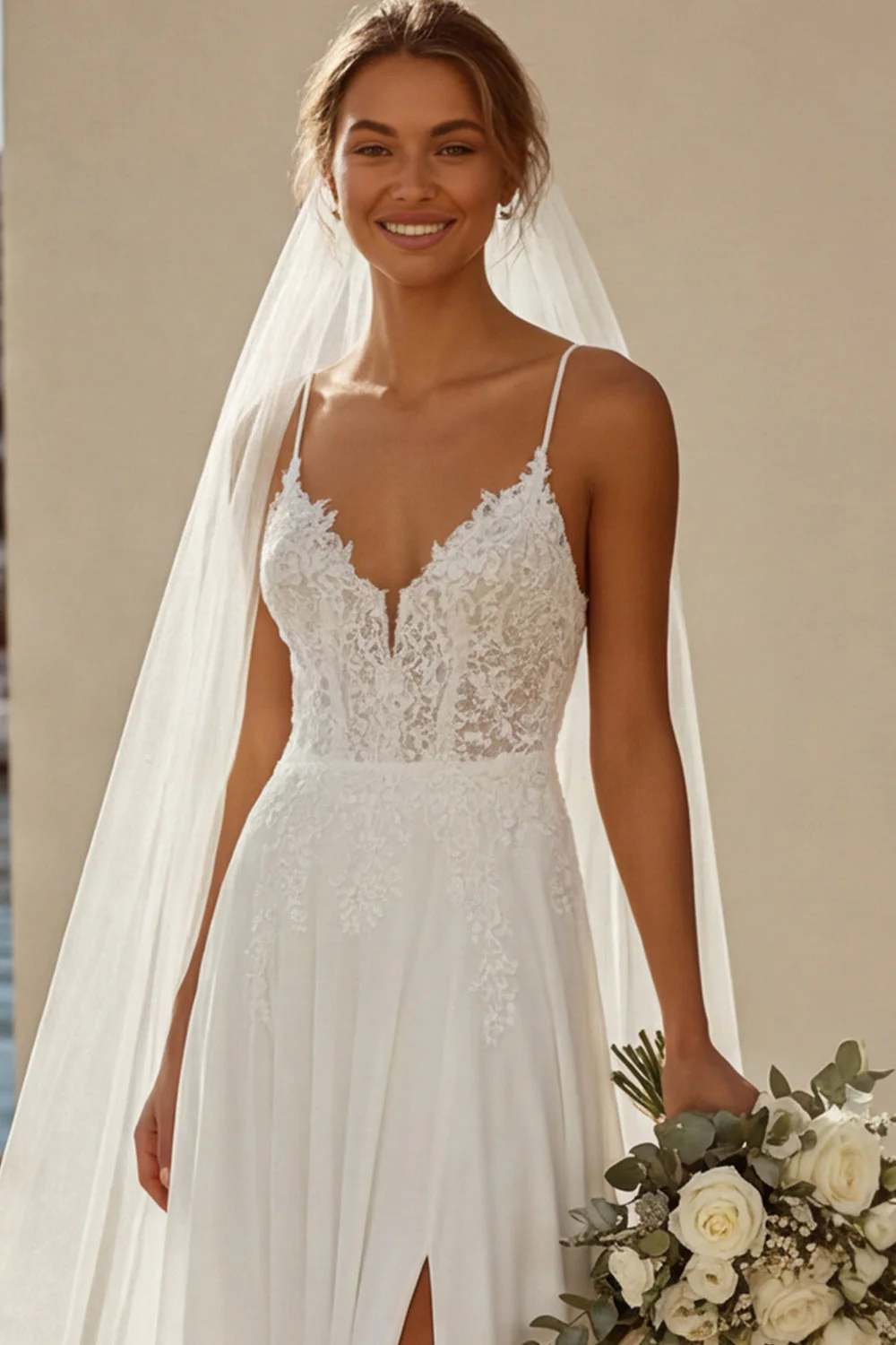 Robe de mariée en traîne en dinelle en mousseline Ivory A Line - Image 5