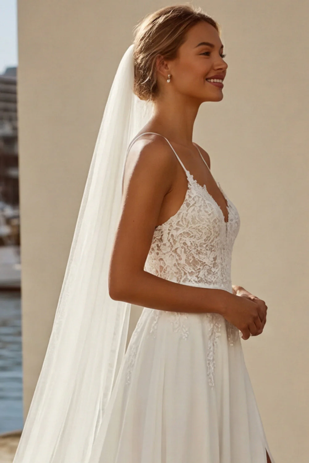 Robe de mariée en traîne en dinelle en mousseline Ivory A Line - Image 7