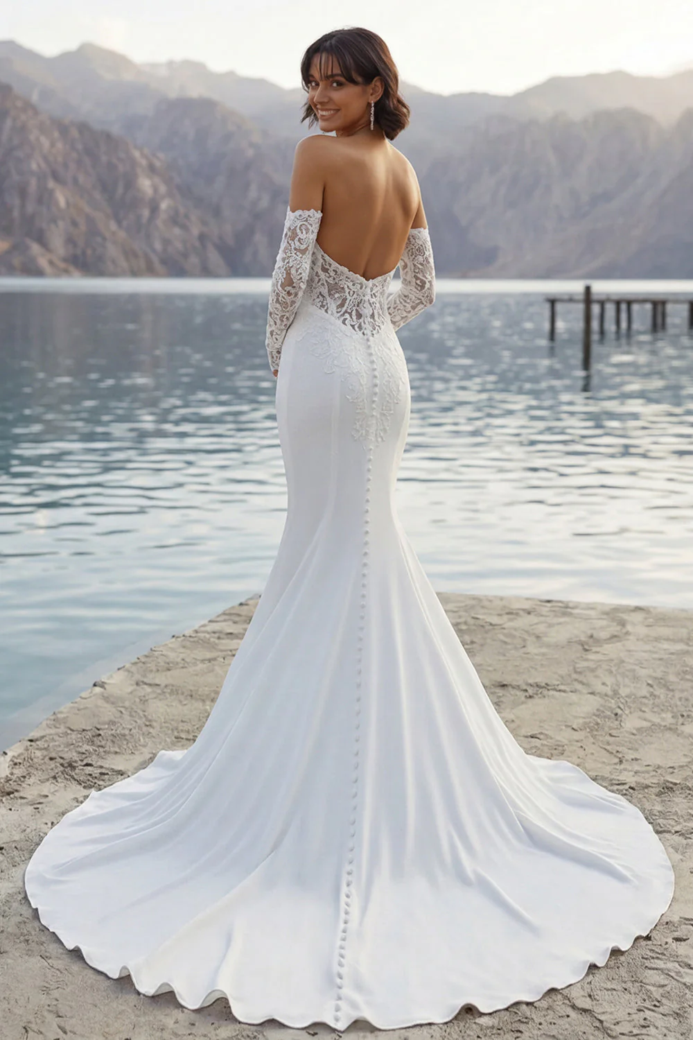 Robe de mariée en traîne en sirène en ivoire avec manches - Image 2