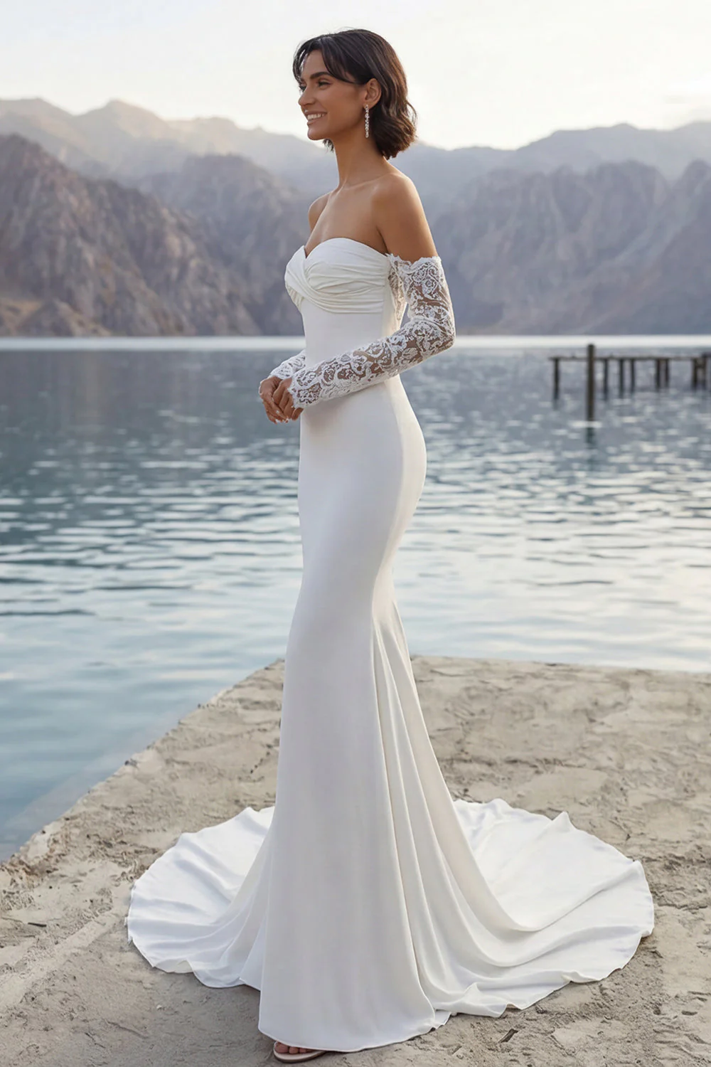Robe de mariée en traîne en sirène en ivoire avec manches - Image 3
