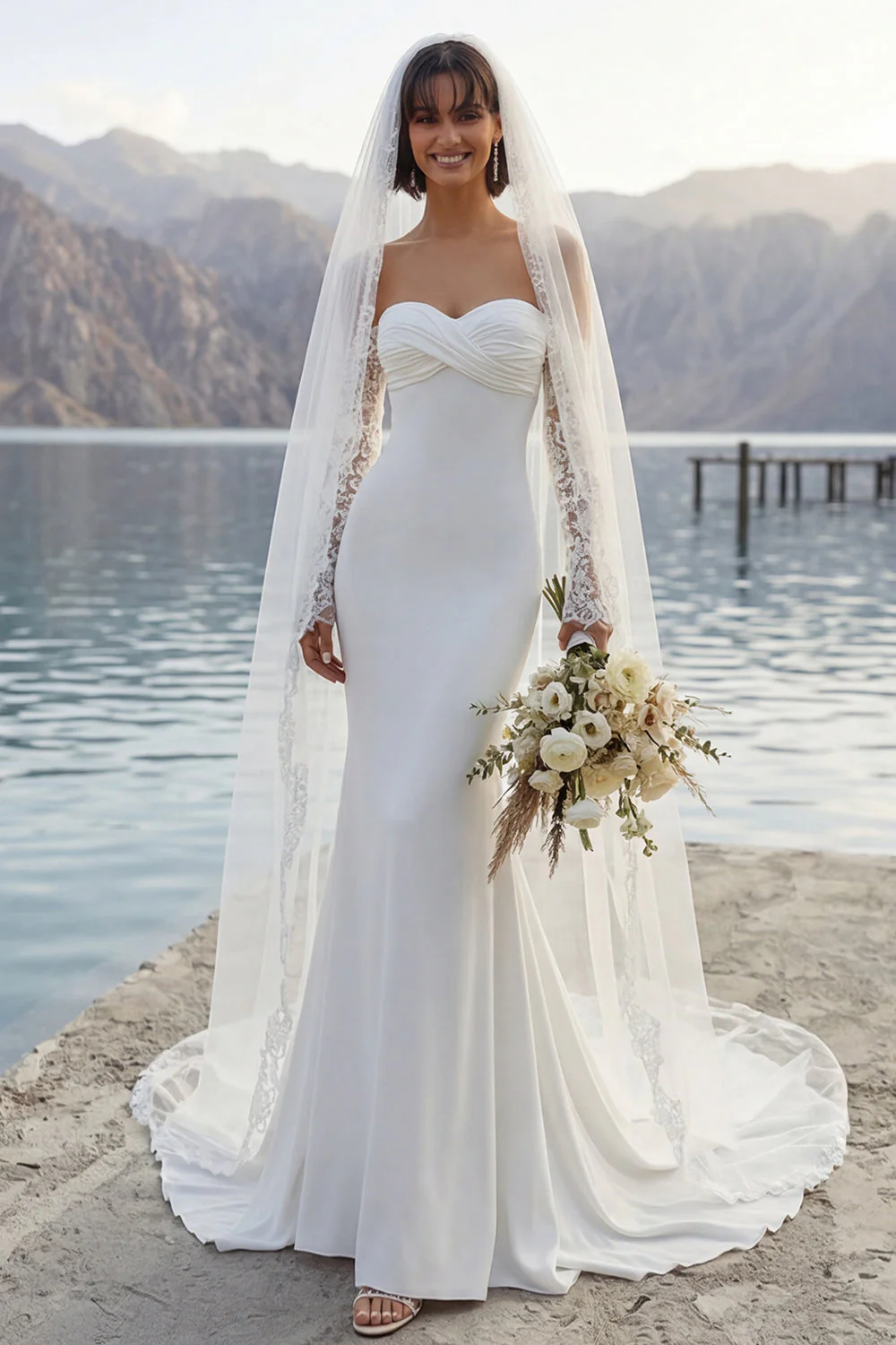 Robe de mariée en traîne en sirène en ivoire avec manches - Image 4