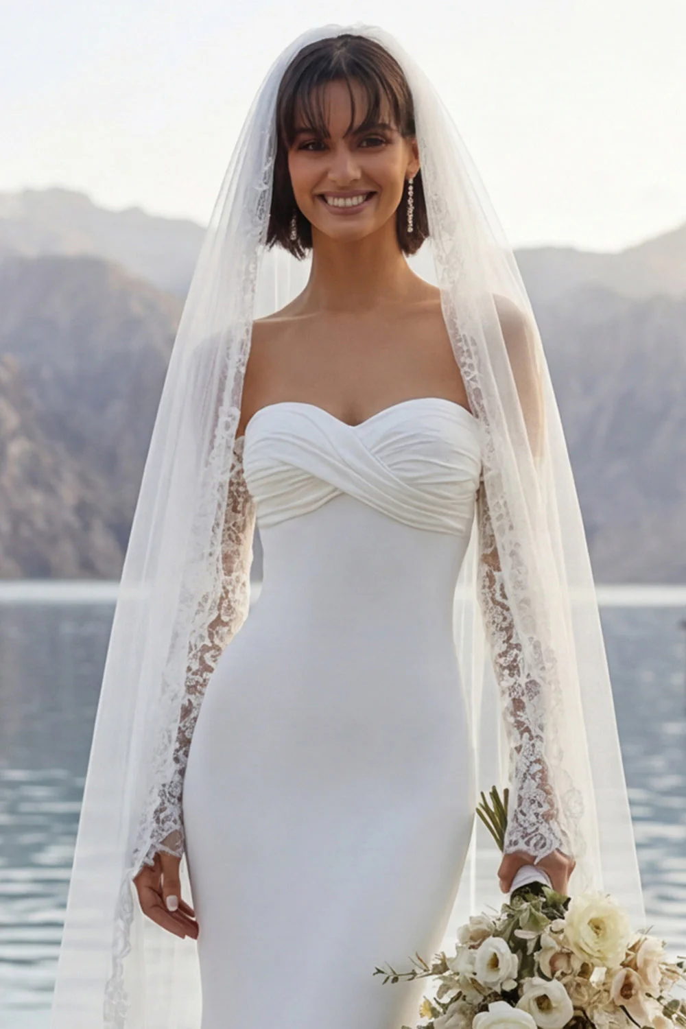 Robe de mariée en traîne en sirène en ivoire avec manches - Image 5