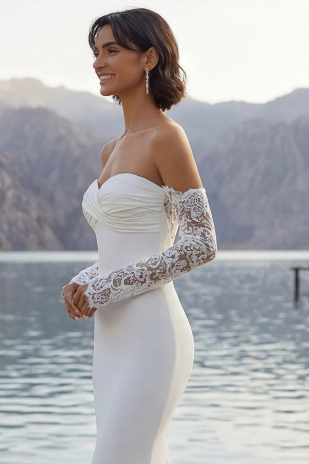 Robe de mariée en traîne en sirène en ivoire avec manches - Image 7