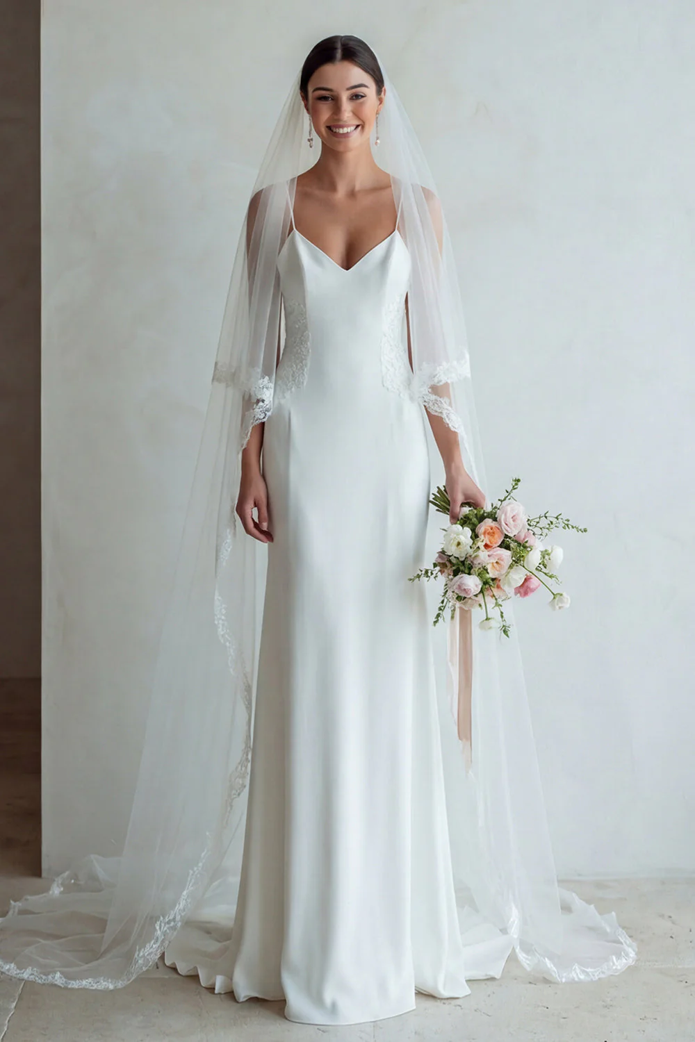 Robe de mariée en traîne sweep sweep en tranche à bretelles en ivoire avec dentelle