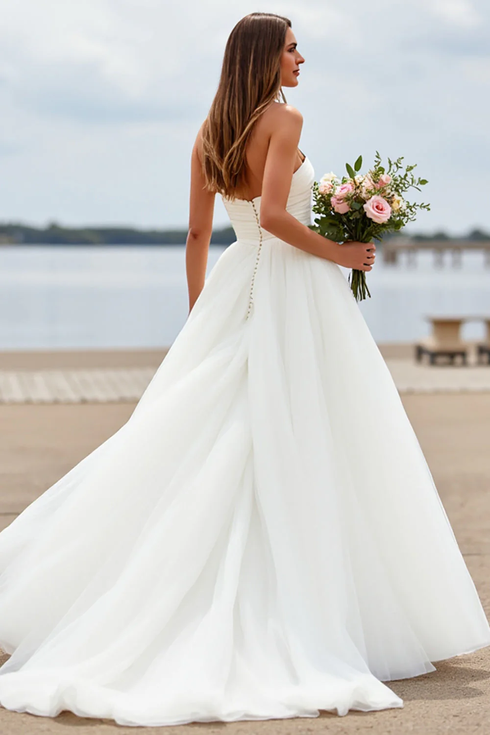 Robe de mariée en tulle blanc Sweetheart une ligne Boho Sweep Train - Image 2