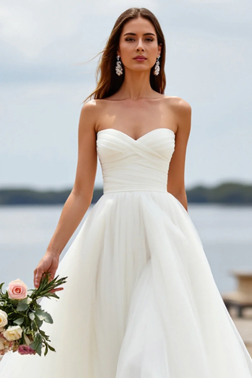 Robe de mariée en tulle blanc Sweetheart une ligne Boho Sweep Train - Image 3