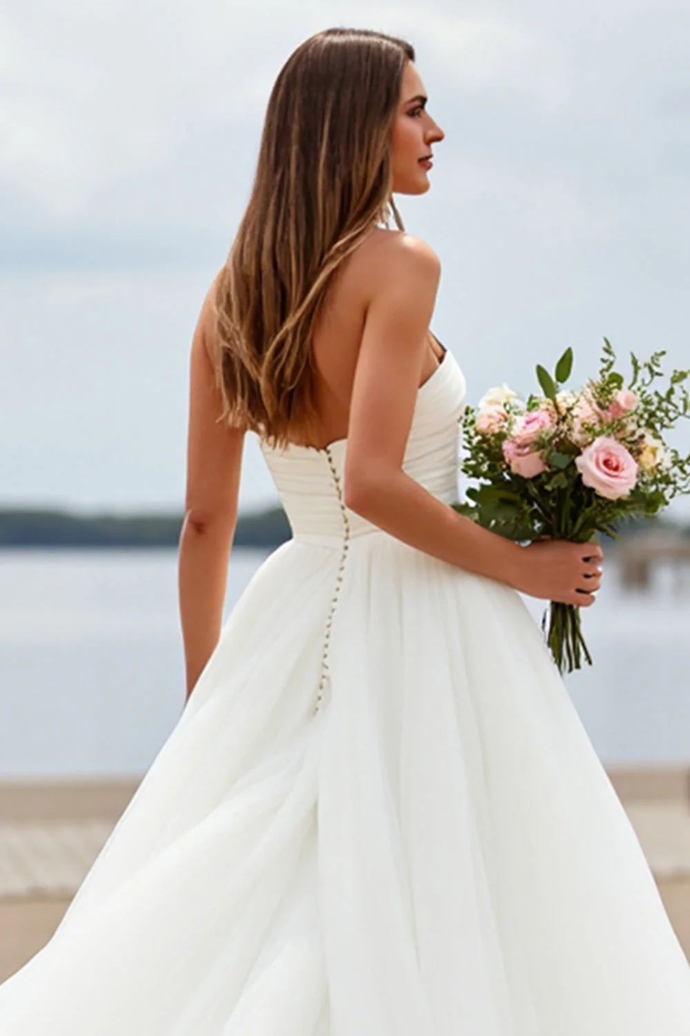 Robe de mariée en tulle blanc Sweetheart une ligne Boho Sweep Train - Image 4