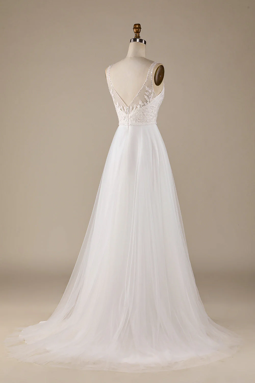 Robe de mariée en tulle en tulle à col en V ivoire avec dentelle - Image 2