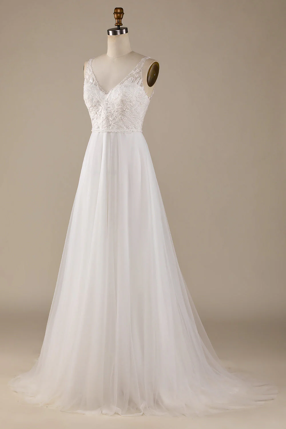 Robe de mariée en tulle en tulle à col en V ivoire avec dentelle - Image 3