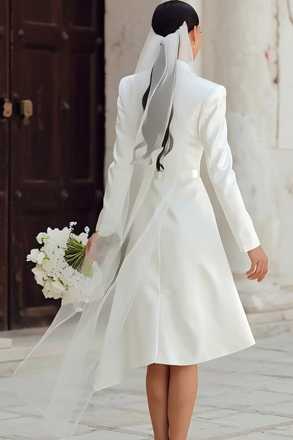 Robe de mariée en veste haute basse à revers en châle ivoire avec manches - Image 2