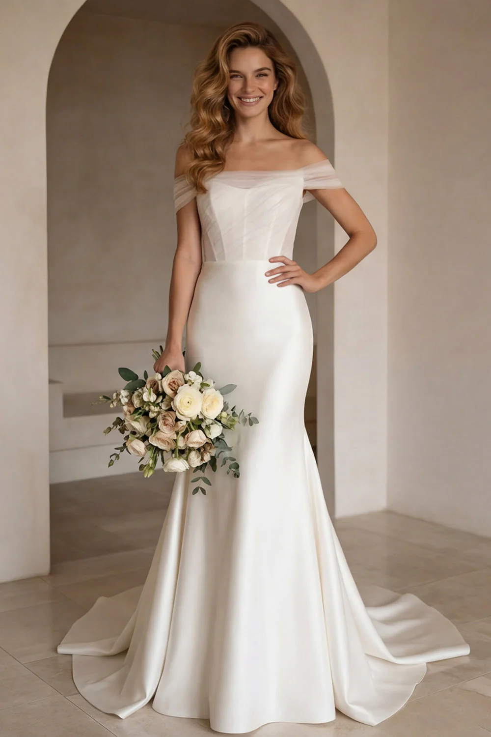 Robe de mariée ivoire à traîne décollée corset