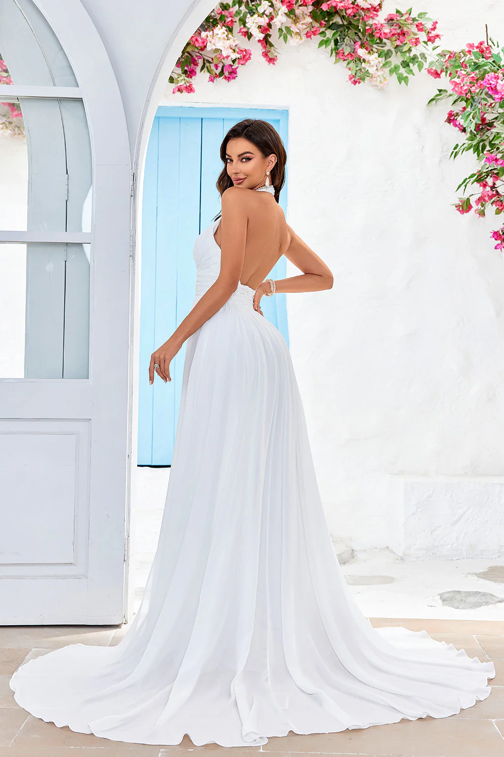 Robe de mariée Ivory A-Line Halter Sweep Train avec fente - Image 4