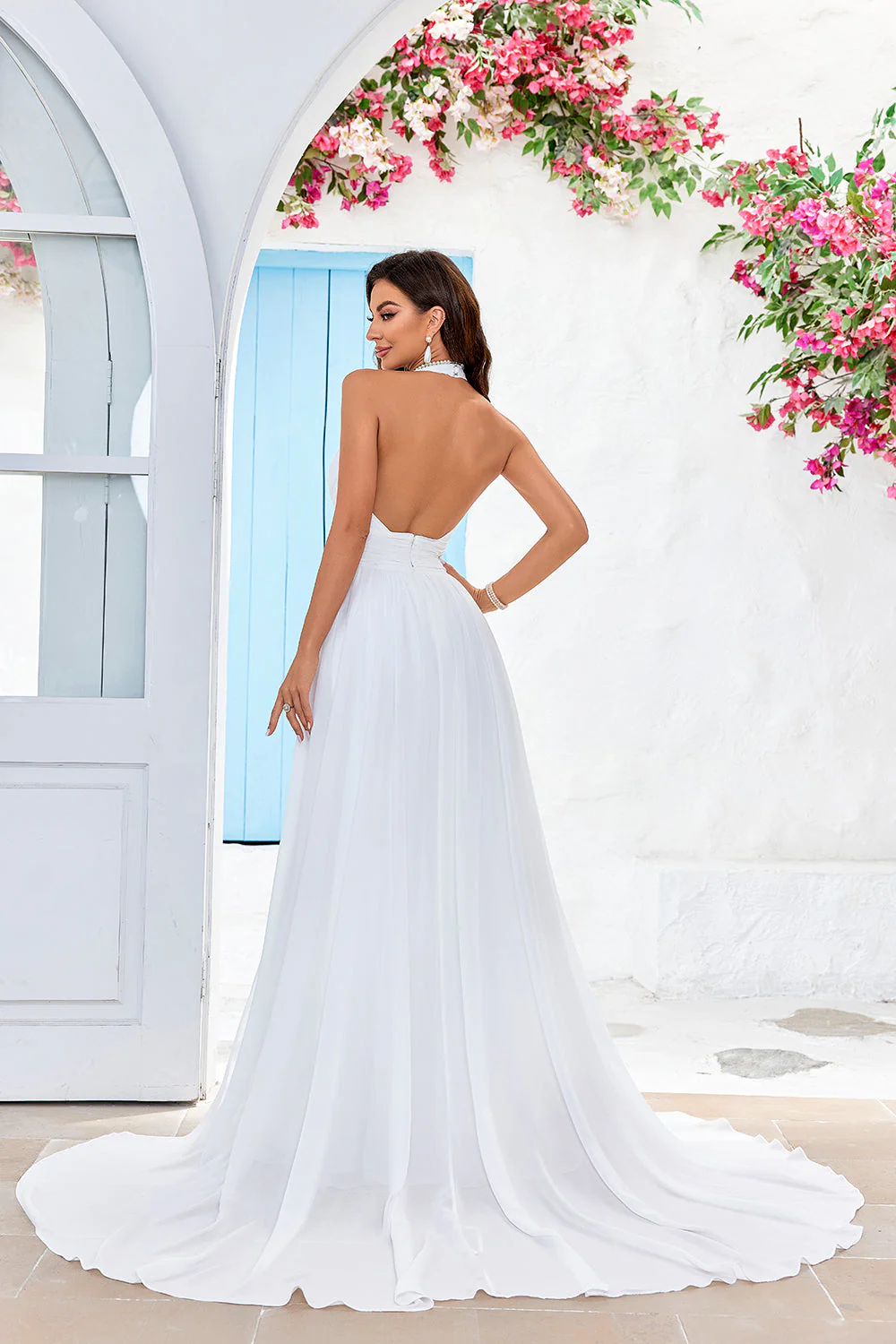 Robe de mariée Ivory A-Line Halter Sweep Train avec fente - Image 5