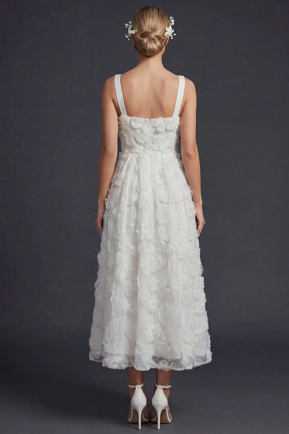 Robe de mariée longue à col carré blanche à ligne A avec des fleurs 3D - Image 2