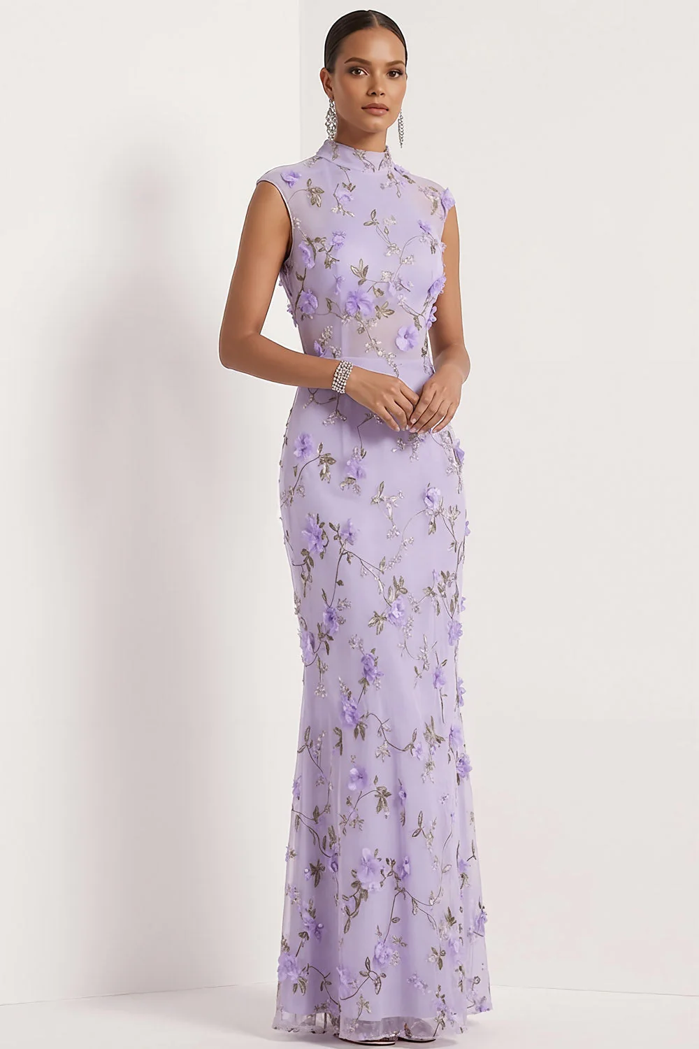 Robe de mariée longue à col haut appliquée en sirène lilas - Image 3