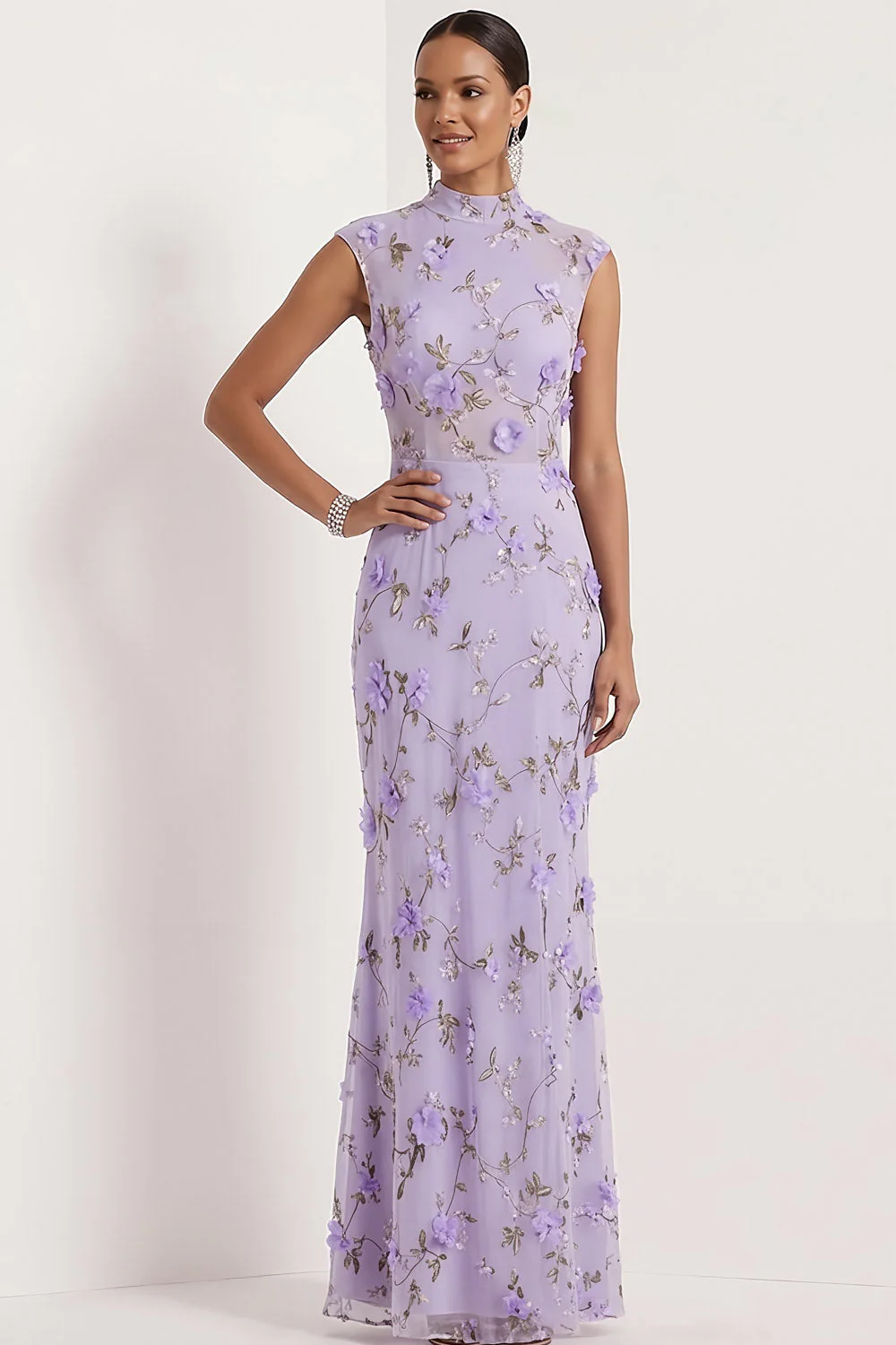 Robe de mariée longue à col haut appliquée en sirène lilas - Image 4