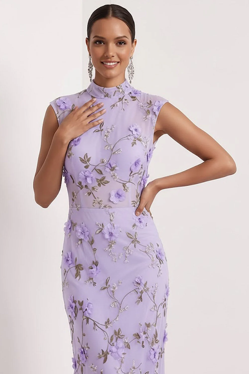 Robe de mariée longue à col haut appliquée en sirène lilas - Image 5