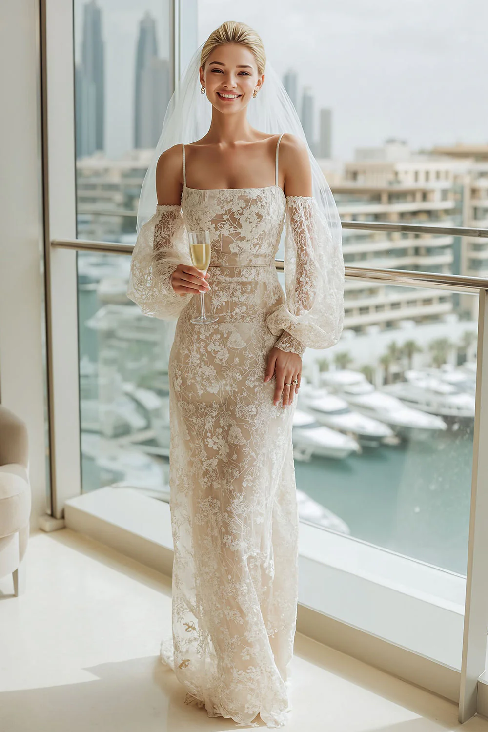 Robe de mariée longue à épaules froides en lacette abricot avec manches