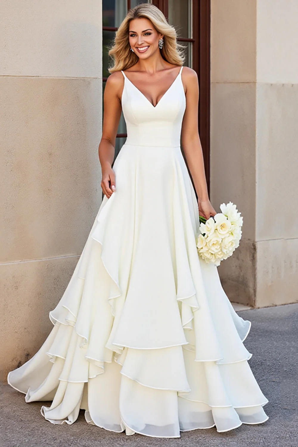 Robe de mariée longue à volants à bretelles spaghetti trapèze blanche