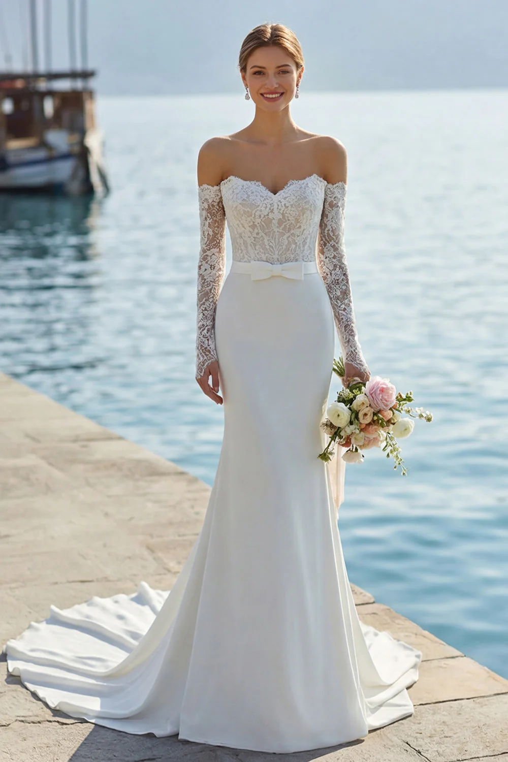 Robe de mariée longue avec un nœud de mariée en dentelle en dentelle ivoire et nœud