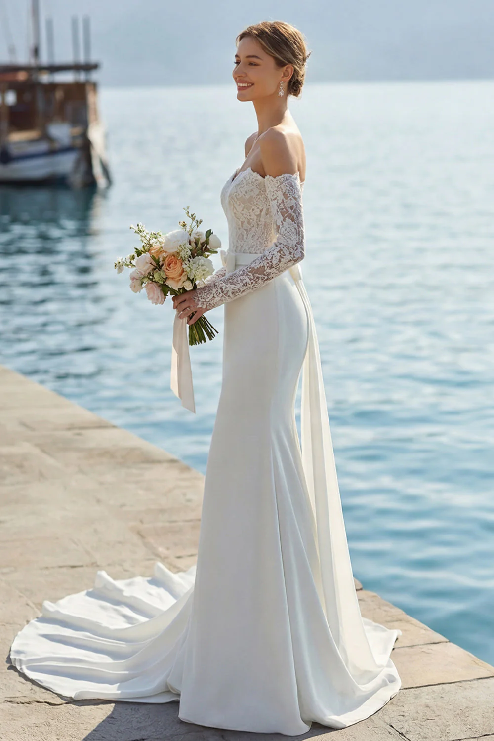 Robe de mariée longue avec un nœud de mariée en dentelle en dentelle ivoire et nœud - Image 2