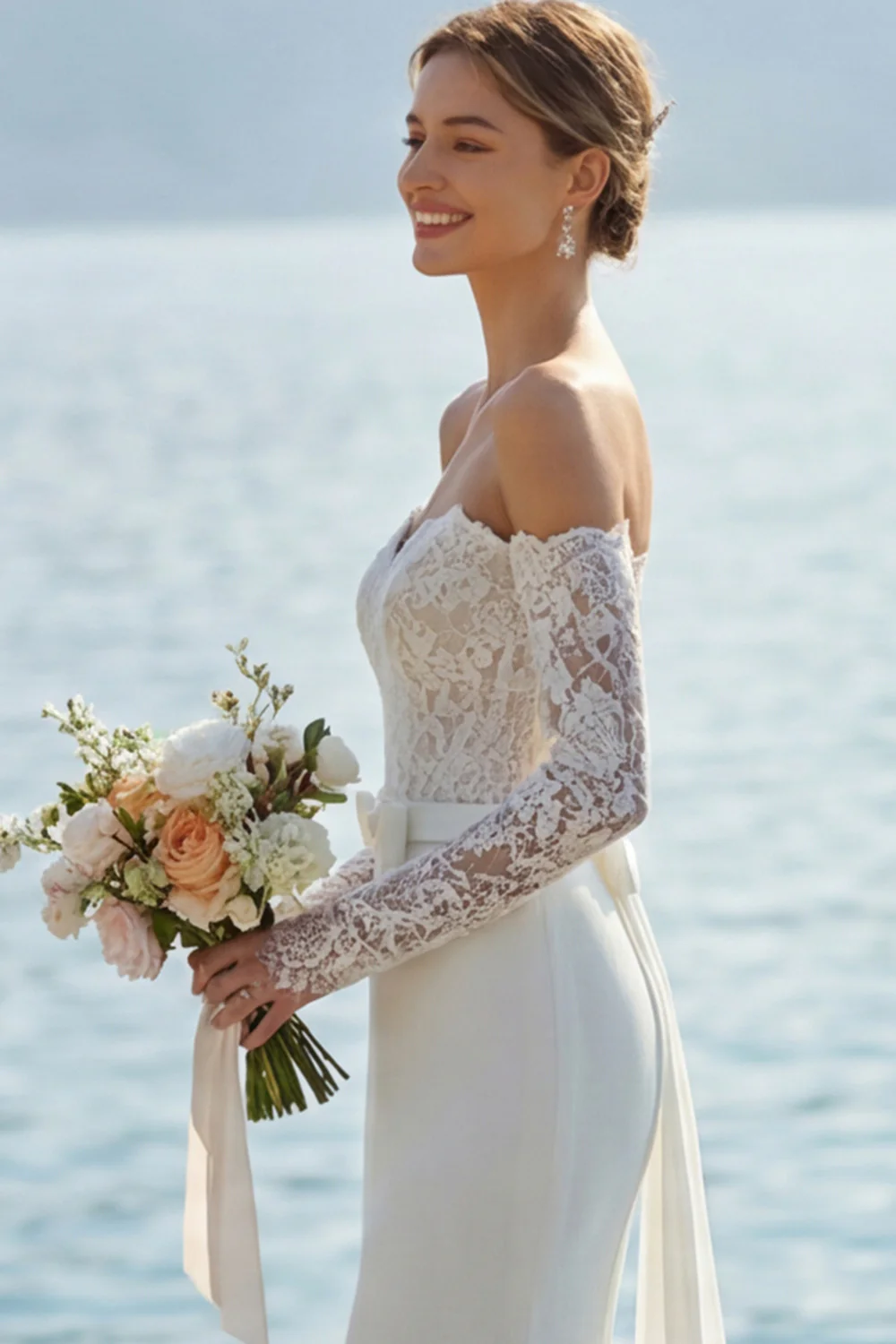 Robe de mariée longue avec un nœud de mariée en dentelle en dentelle ivoire et nœud - Image 4