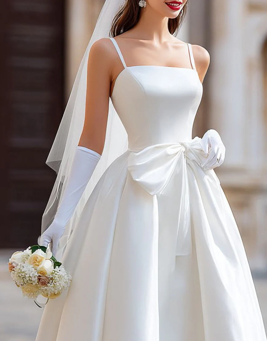 Robe de mariée longue blanche à bretelles fines avec nœud détachable - Image 7