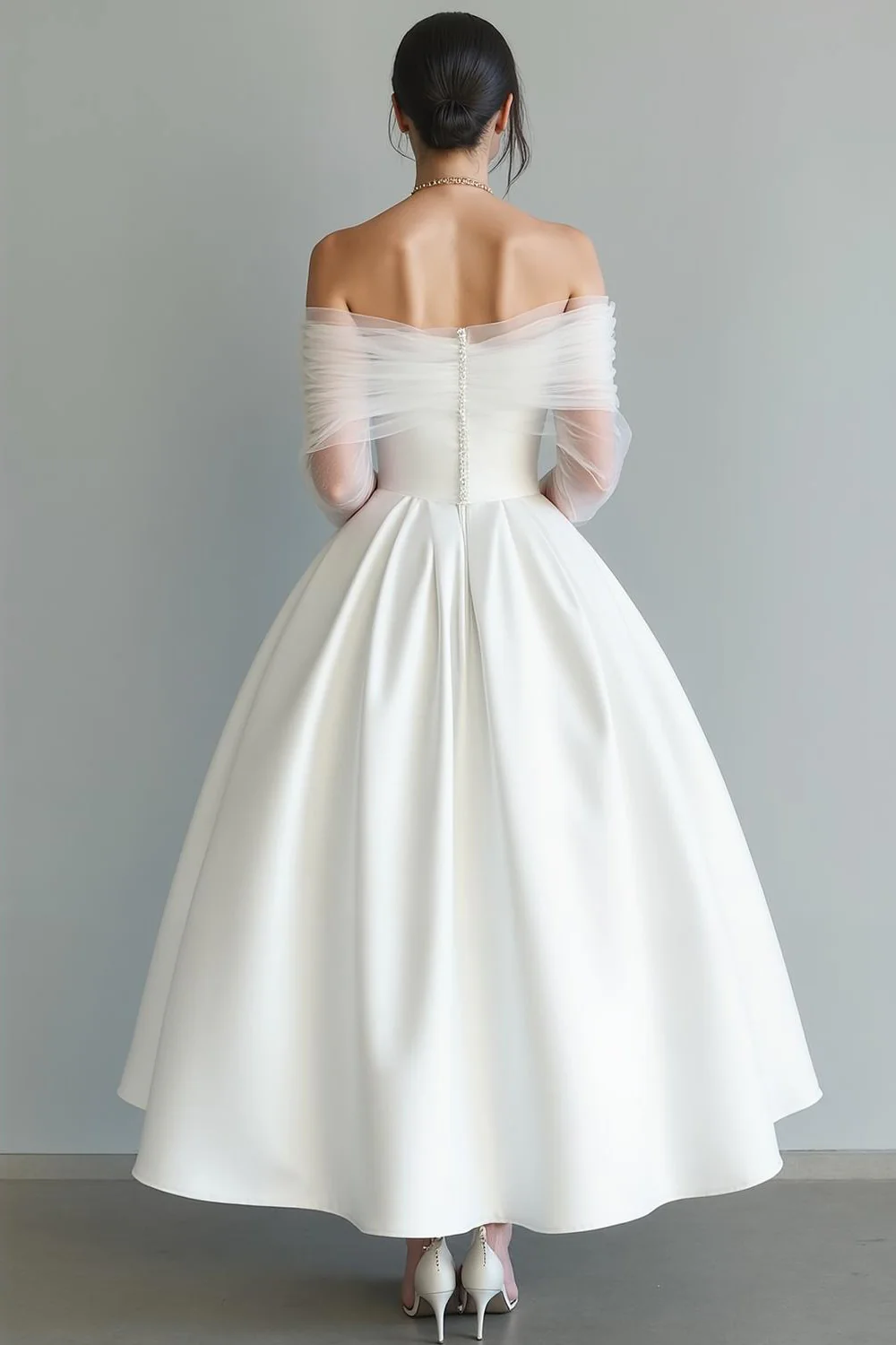 Robe de mariée longue blanche A Line Off Shoulder avec tulle - Image 2