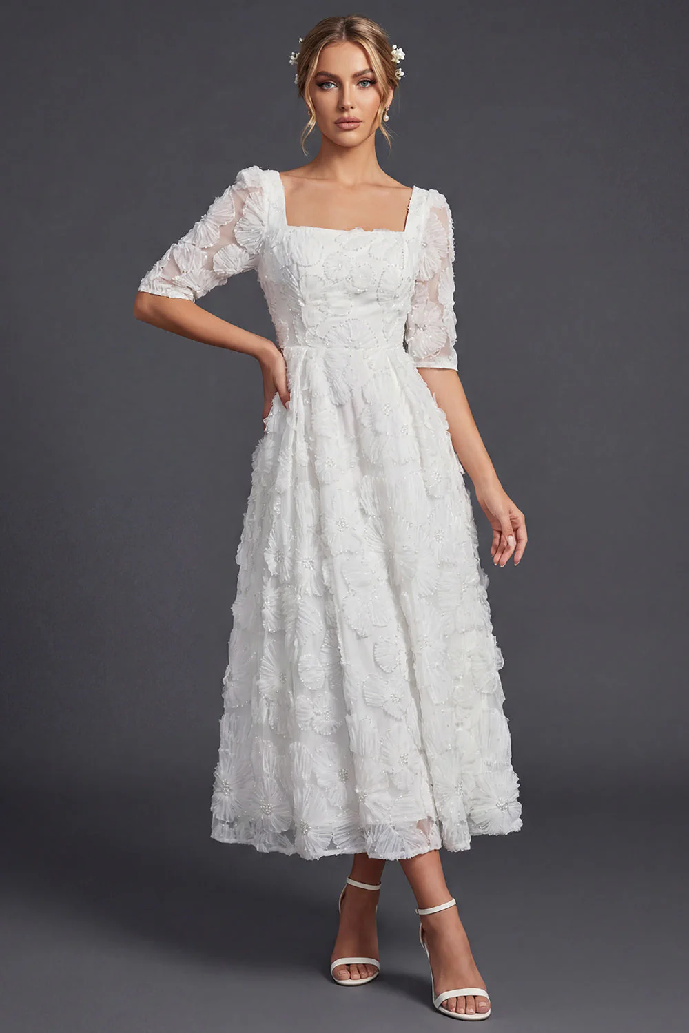 Robe de mariée longue blanche à manches 3/4 avec fleurs 3D - Image 3