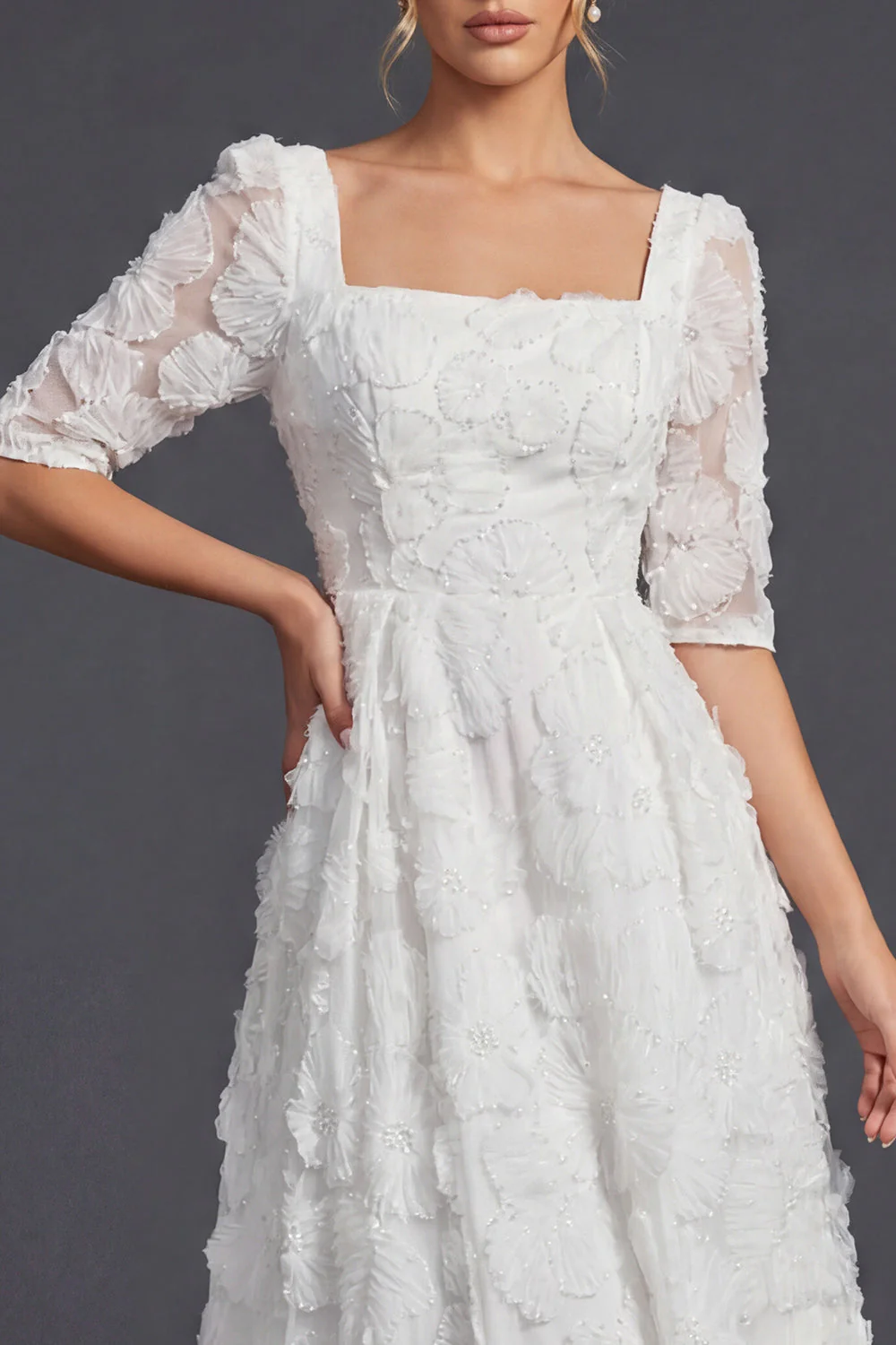Robe de mariée longue blanche à manches 3/4 avec fleurs 3D - Image 4