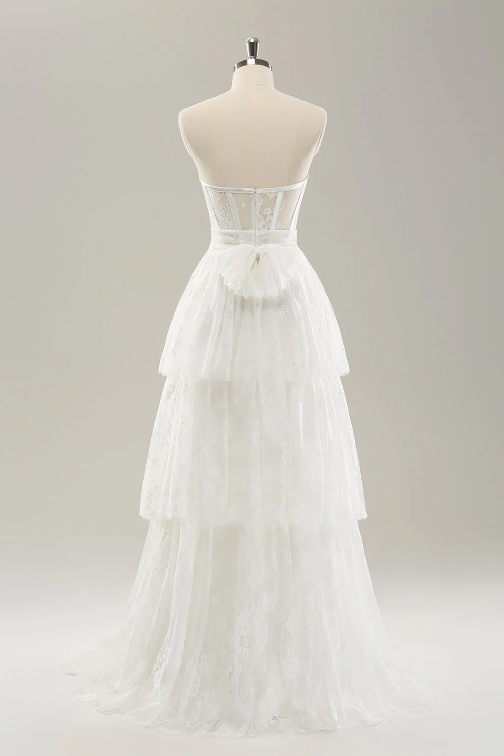 Robe de mariée longue blanche sans bretelles corset à plusieurs niveaux - Image 2