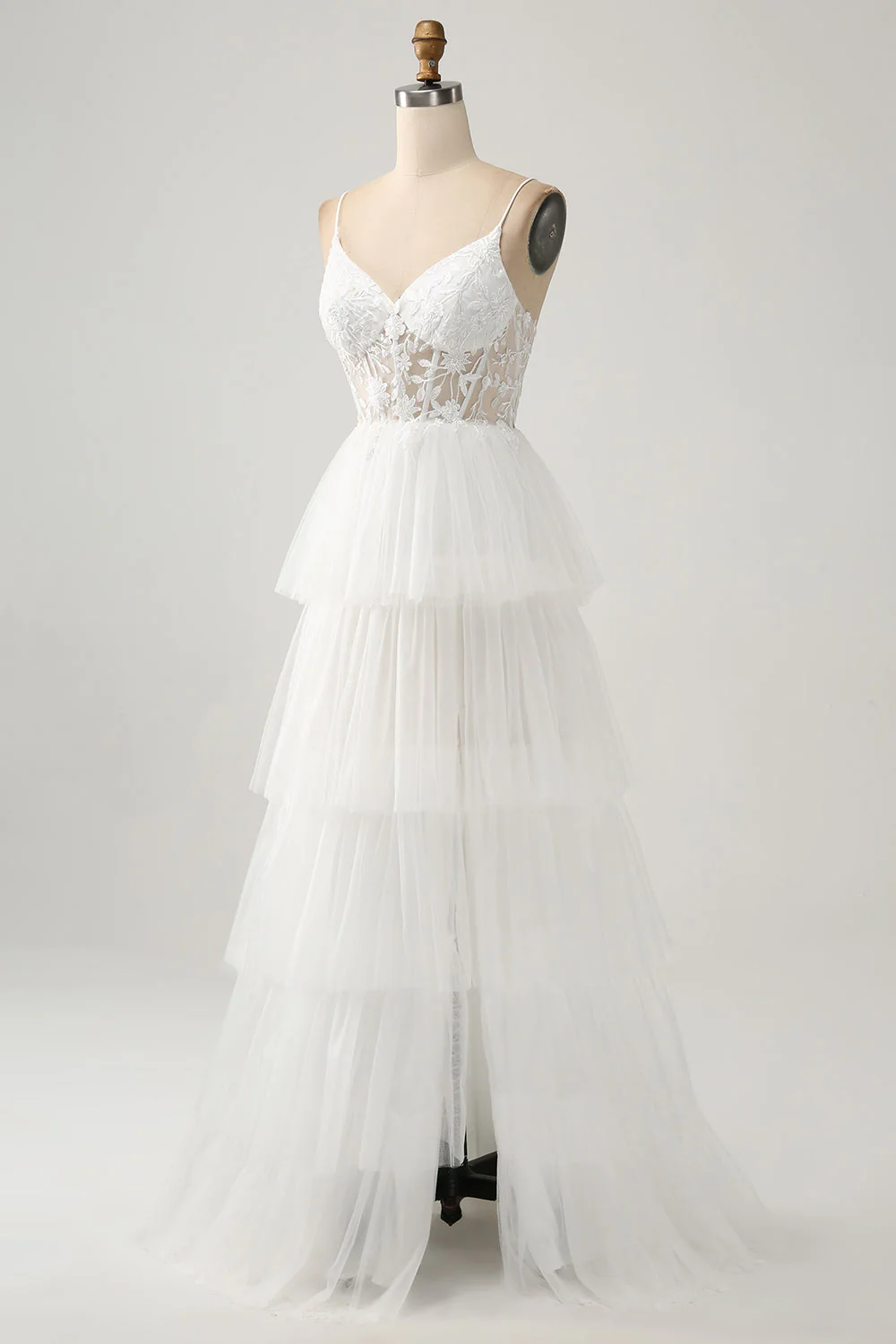 Robe de mariée longue corset en tulle trapèze ivoire avec fente - Image 3