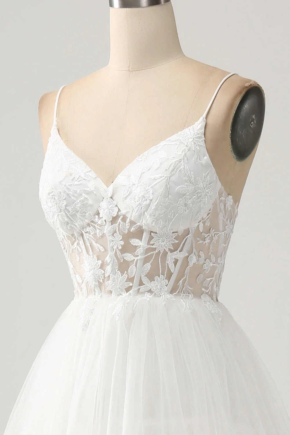 Robe de mariée longue corset en tulle trapèze ivoire avec fente - Image 6
