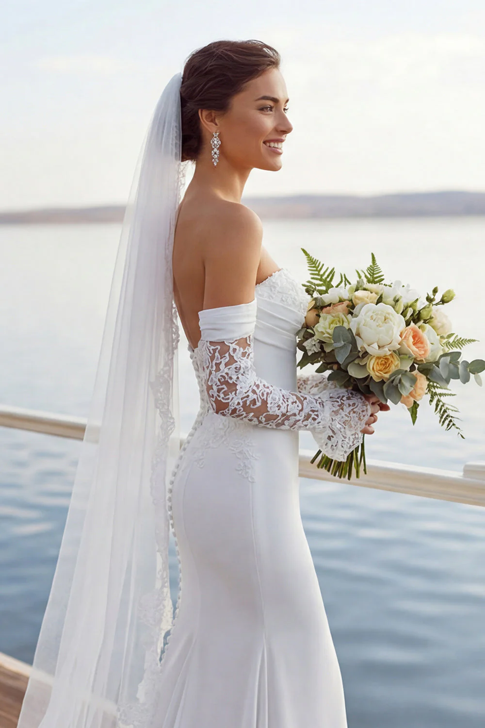 Robe de mariée longue en chiffon en chiffon en ivoire - Image 6