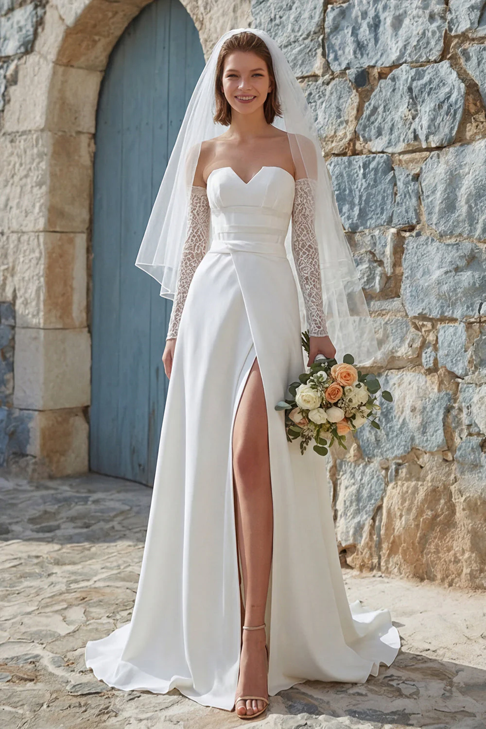 Robe de mariée longue en chiffon sans bretelles en ivoire avec fente