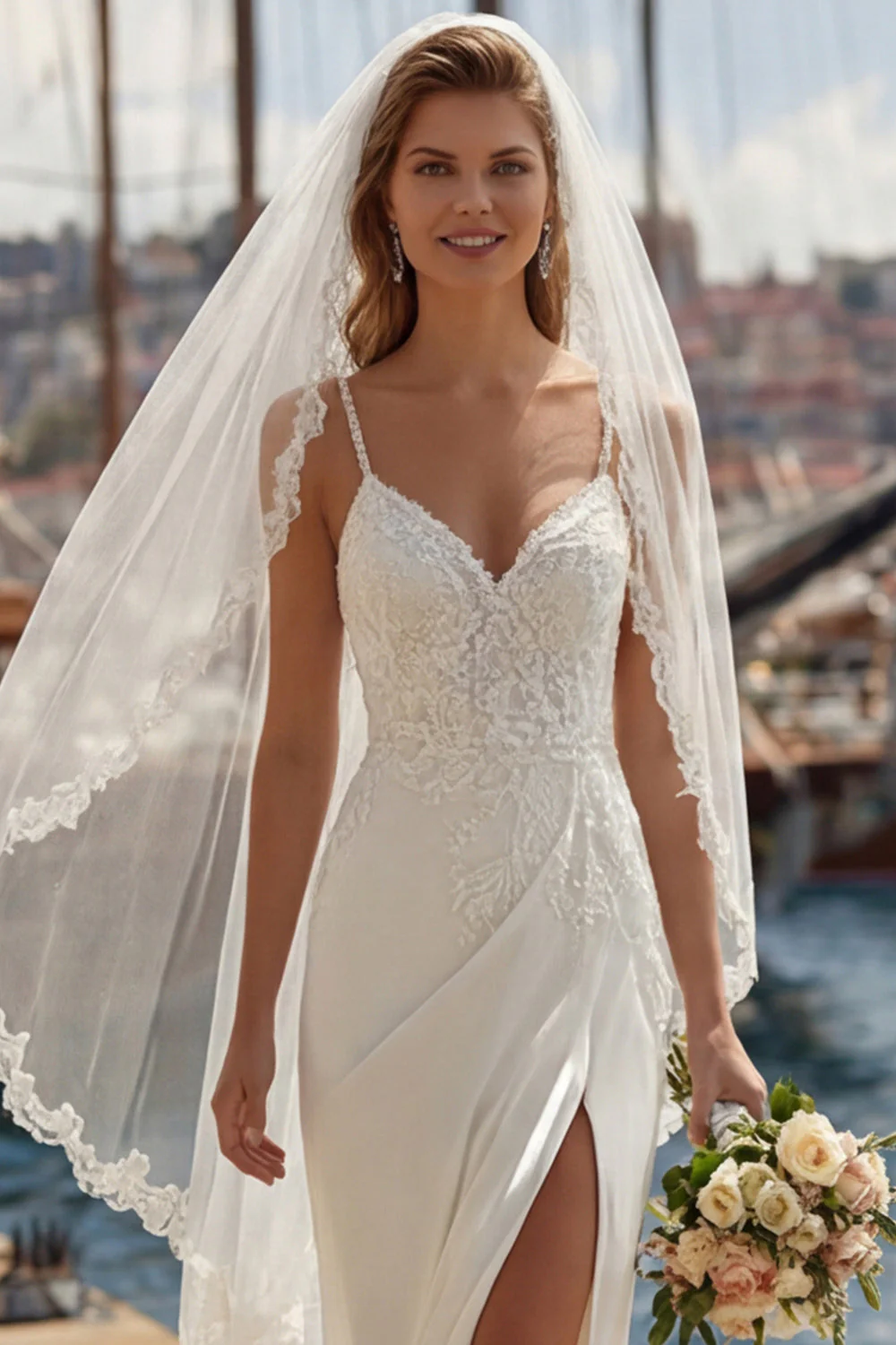 Robe de mariée longue en dentelle appliquée en ivoire à bretelles en A avec fente - Image 5