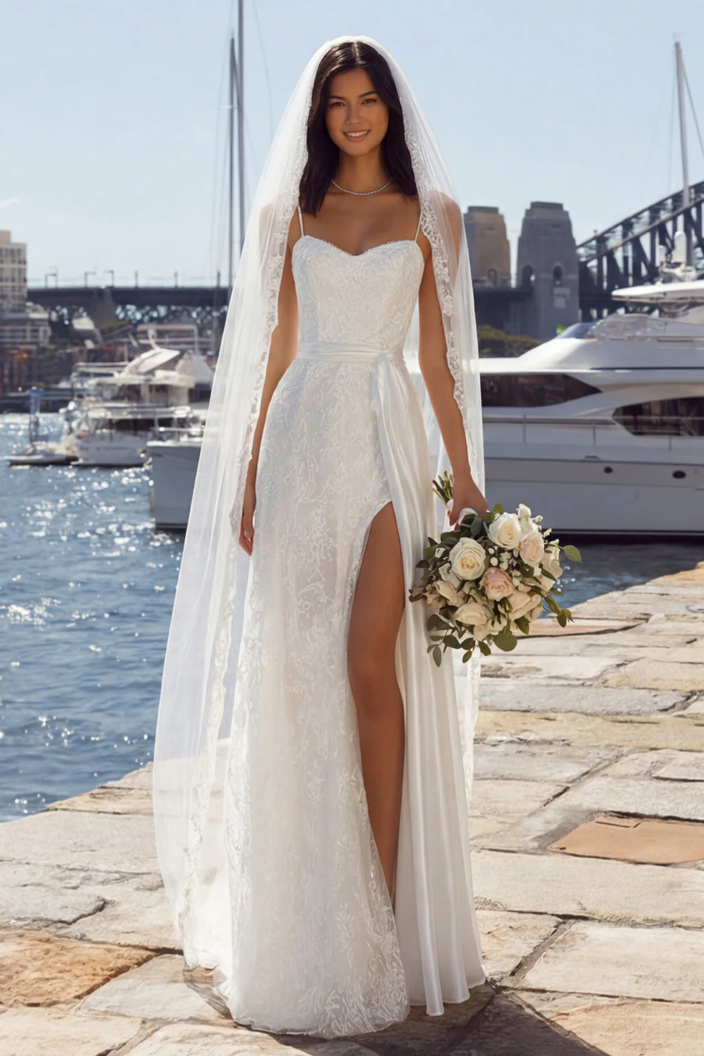 Robe de mariée longue en lace étui ivoire avec fente