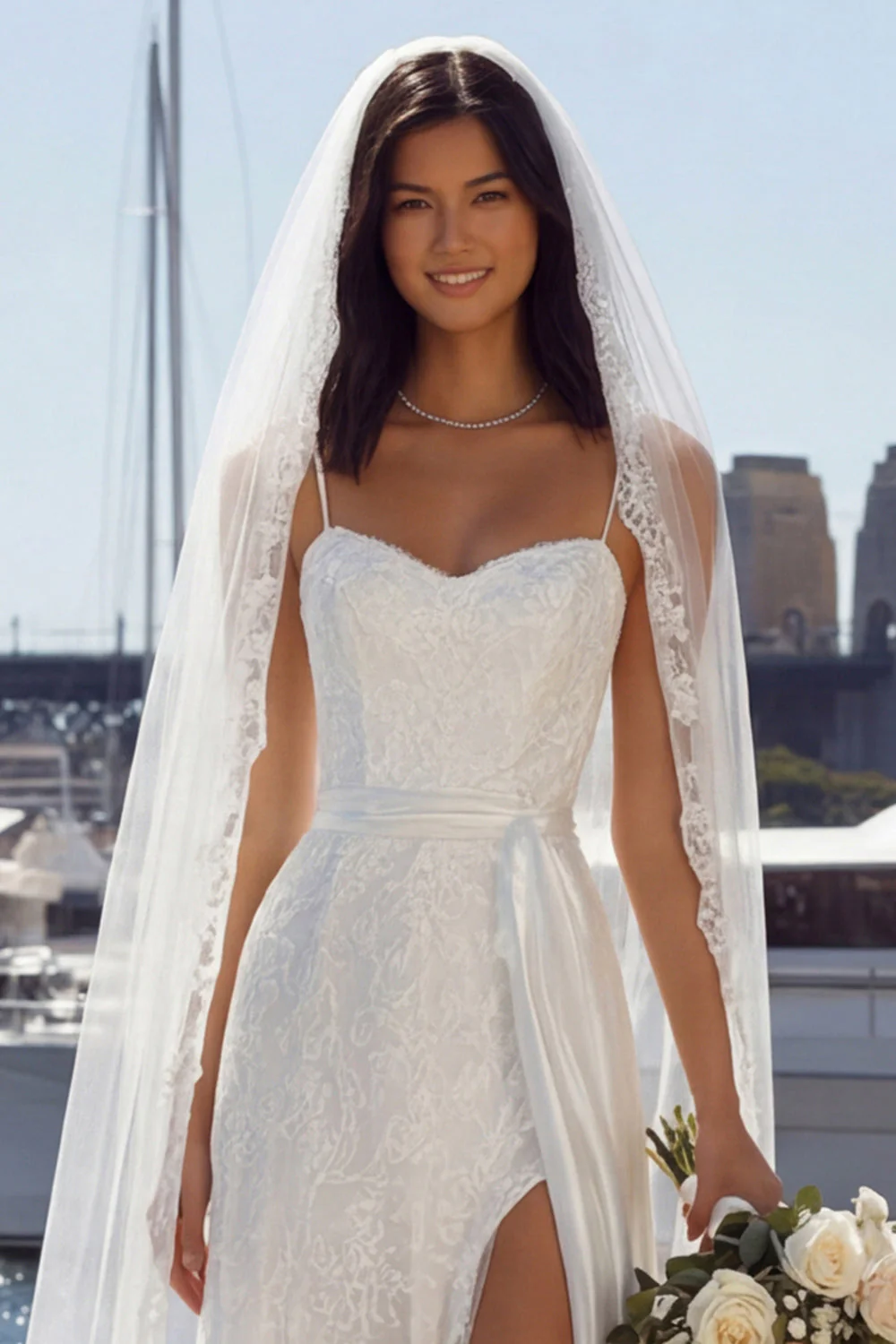 Robe de mariée longue en lace étui ivoire avec fente - Image 3
