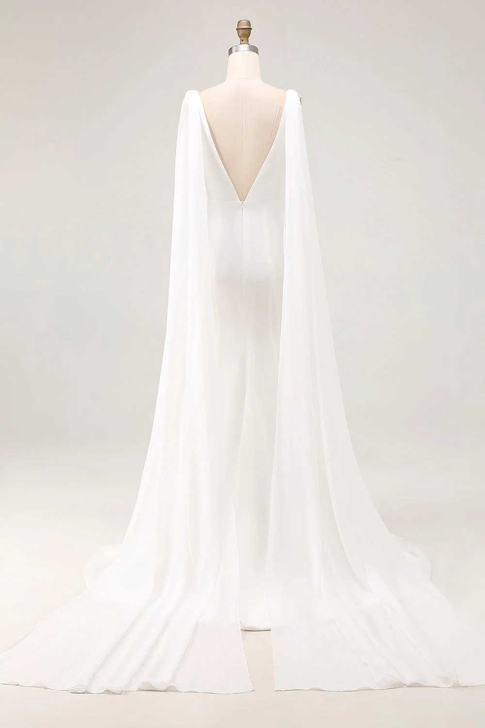 Robe de mariée longue en satin à col en V sirène ivoire avec traîne Watteau - Image 2