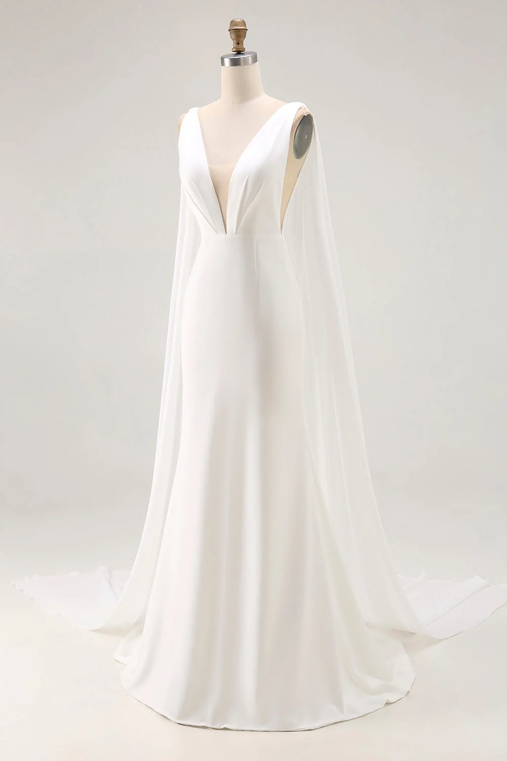 Robe de mariée longue en satin à col en V sirène ivoire avec traîne Watteau - Image 5