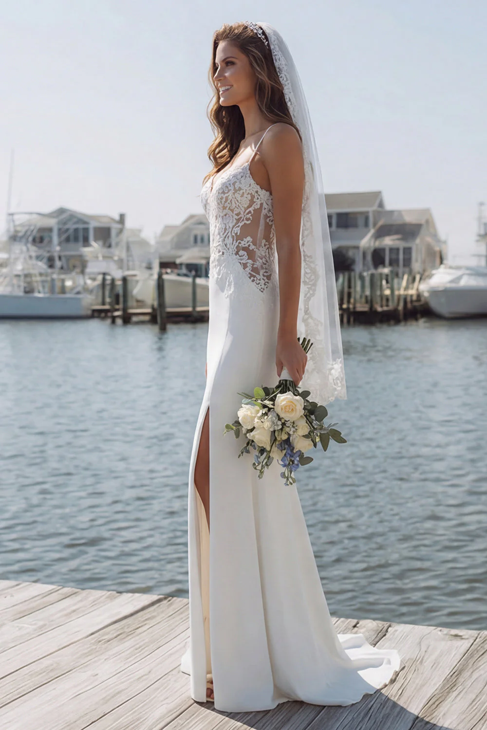 Robe de mariée longue en satin appliqué sirène ivoire avec fente - Image 3