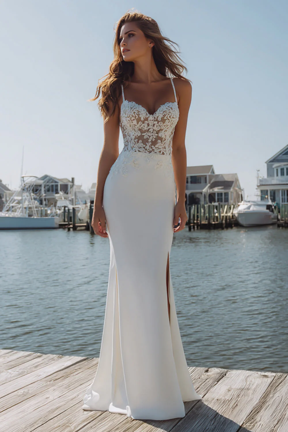 Robe de mariée longue en satin appliqué sirène ivoire avec fente - Image 4