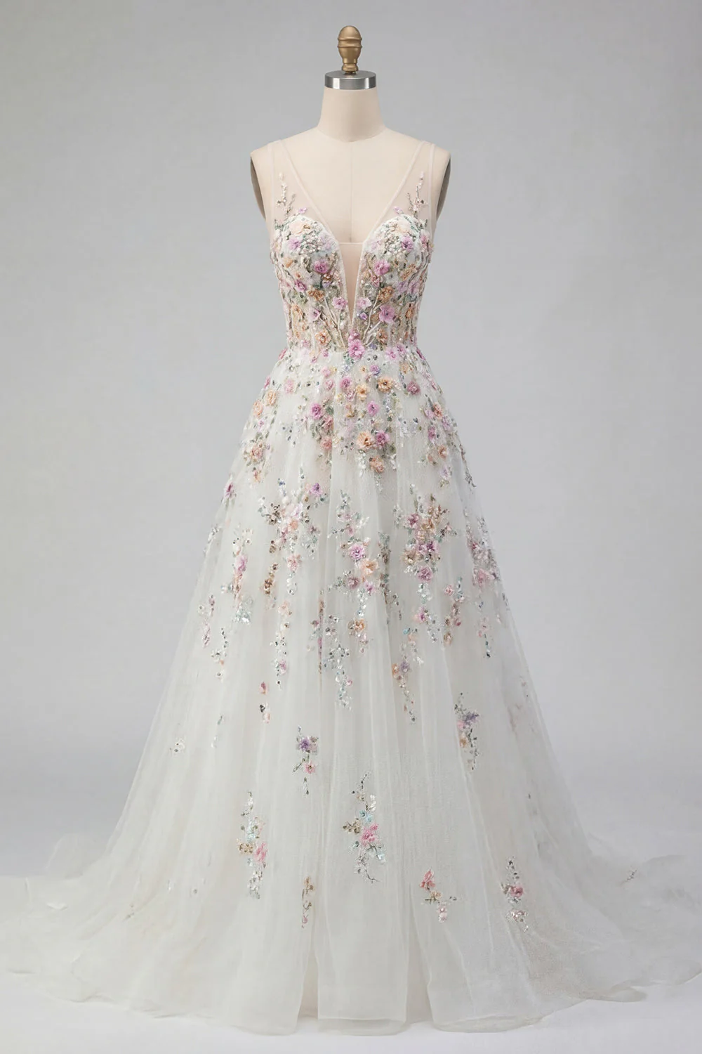 Robe de mariée longue en sequins blancs avec fleurs 3D