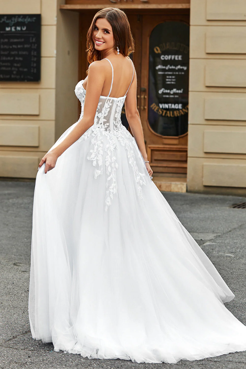Robe de mariée longue en tulle Corset blanc avec fente - Image 2