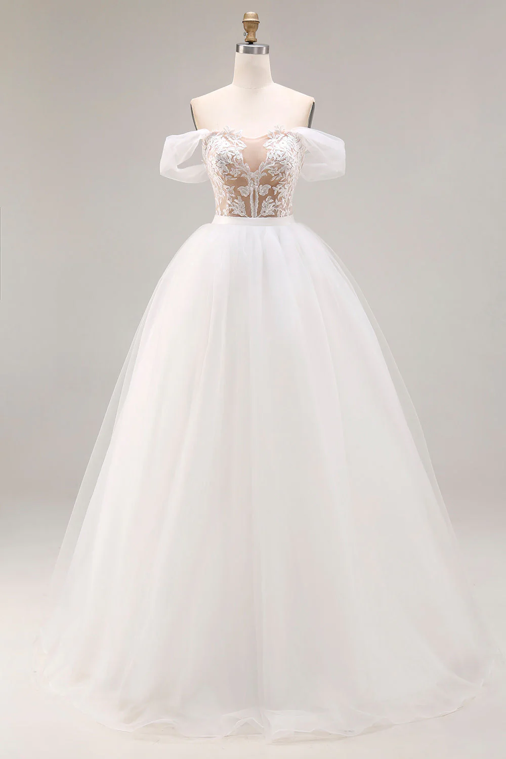 Robe de mariée longue robe de bal brodée en tulle ivoire dénudé