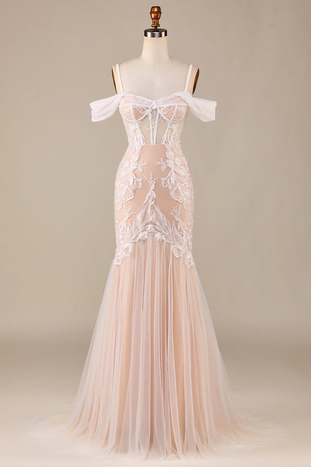 Robe de mariée longue sirène au champagne avec dentelle