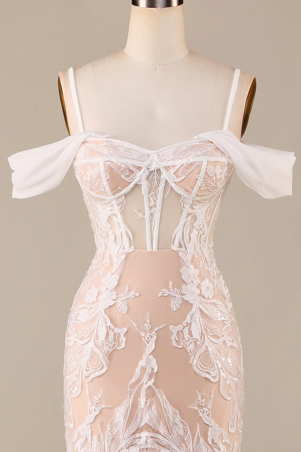 Robe de mariée longue sirène au champagne avec dentelle - Image 4